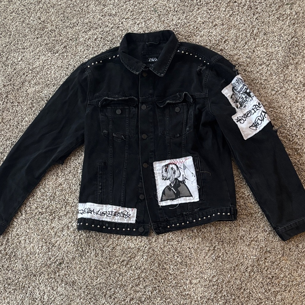 Women’s Large Zara Patchwork Embroidered Black Denim Jean Jacket